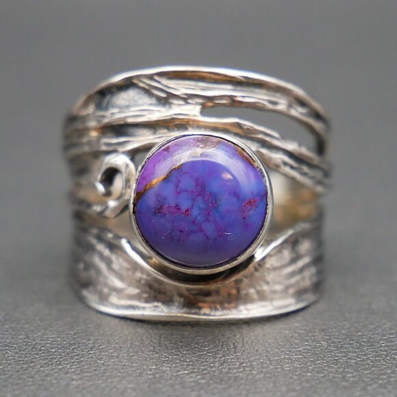 Organic Style Sterling Silver & Copper Vein Purple Turquoise Ring Size 8.5 - Picture 2 of 8
